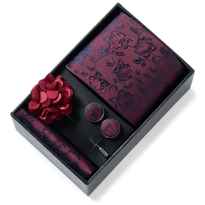 Set da 4 pezzi di cravatta in tessuto fantasia elegante da uomo, fazzoletto da taschino, gemelli e fiore da bavero - Stile n. 1 - image 0
