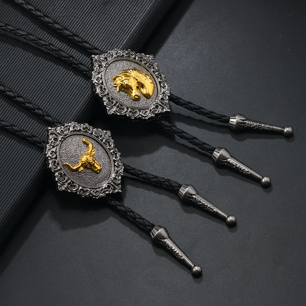 Cravatta Bolo in metallo intagliato vintage con emblema a testa di cavallo e toro - image 0