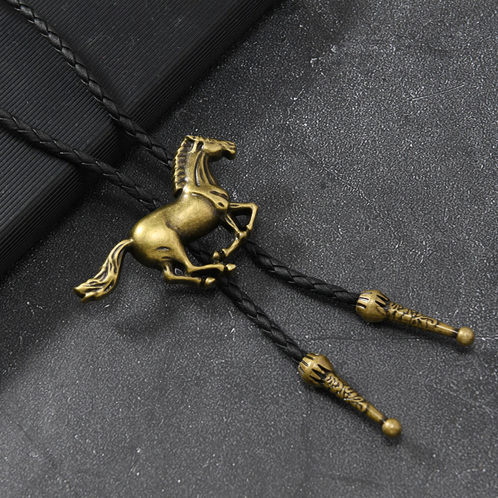 Cravatta Bolo in metallo vintage con emblema del cavallo al galoppo - Bronzo antico - image 1