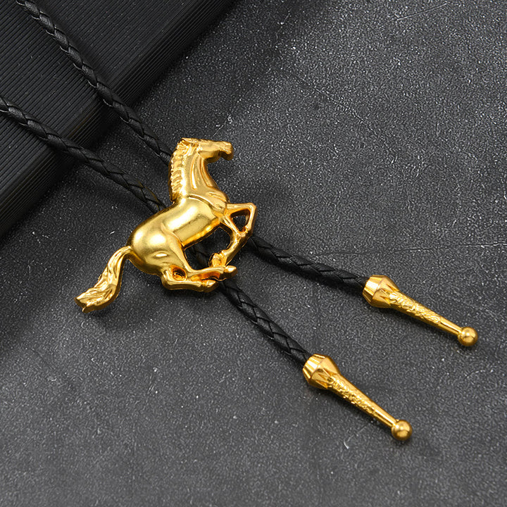 Cravatta Bolo in metallo vintage con emblema del cavallo al galoppo - Oro - image 3