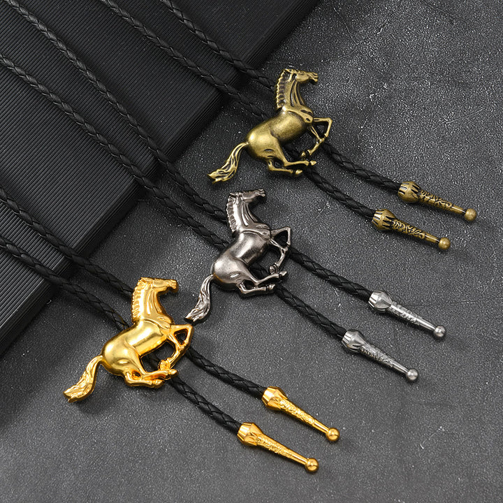 Cravatta Bolo in metallo vintage con emblema del cavallo al galoppo - image 0