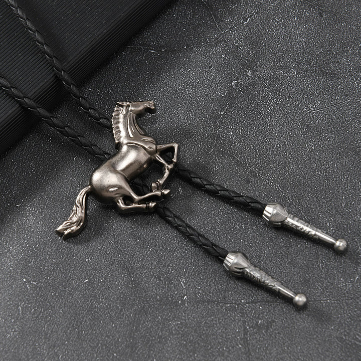 Cravatta Bolo in metallo vintage con emblema del cavallo al galoppo - Argento antico - image 2