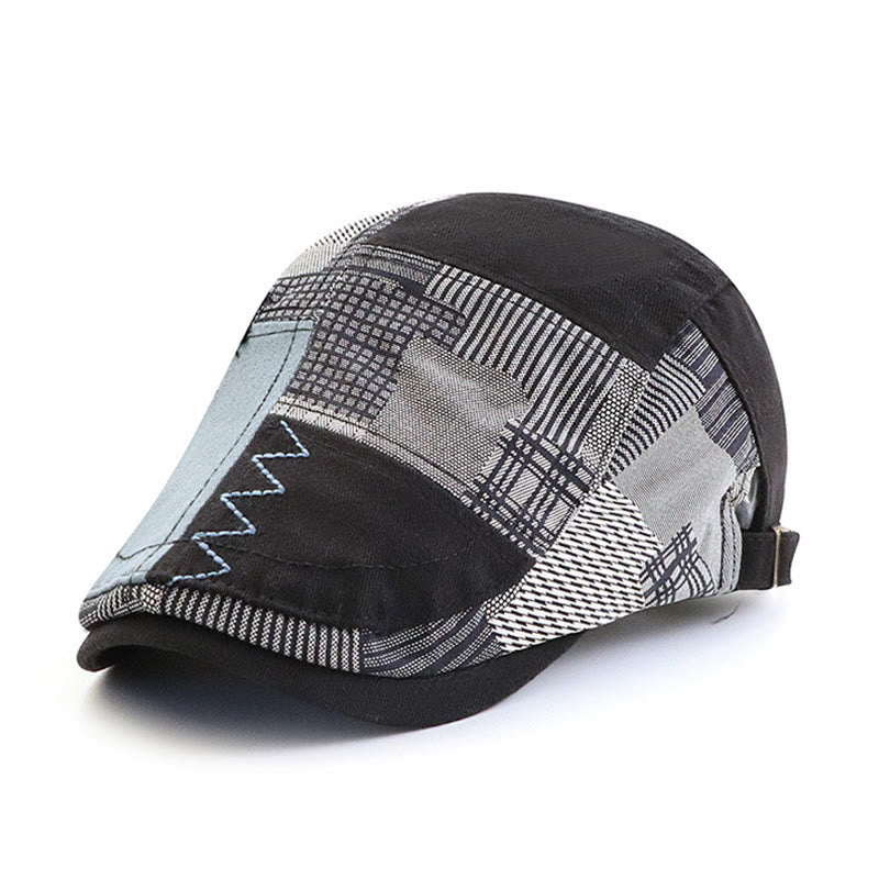 Cappello basco da giornalaio artigianale patchwork multi-texture con cuciture a zig-zag - Nero - Regolabile (22"-23 5/8") - image 1