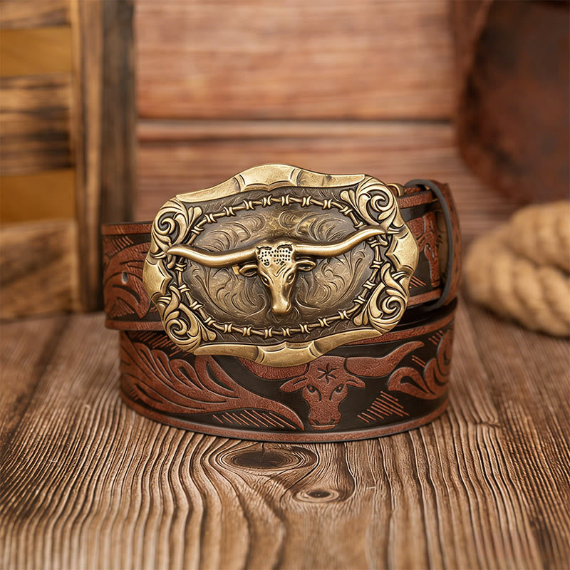 Cintura da uomo in pelle con fibbia intagliata a forma di testa di toro retrò - Marrone - 38 - image 0