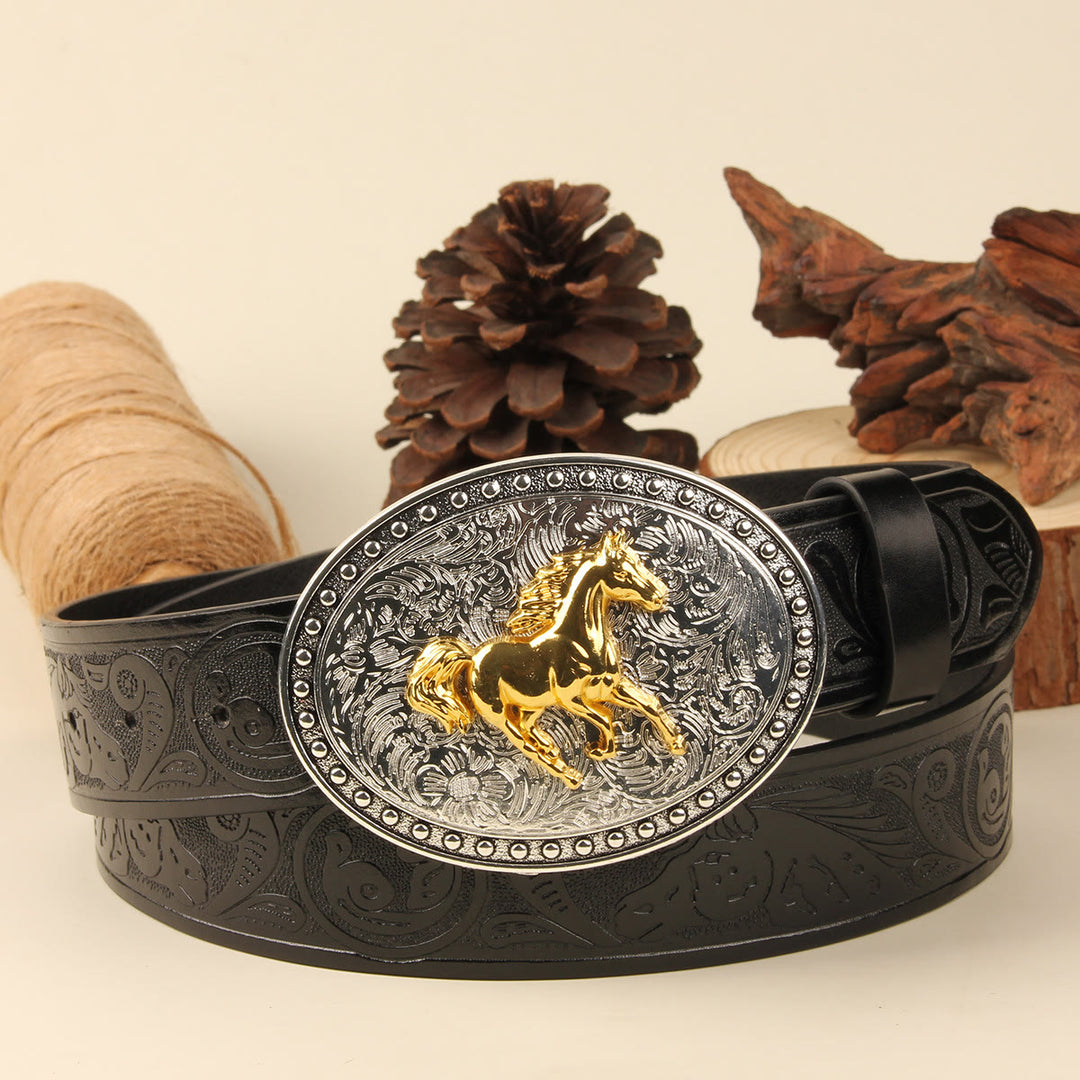 Cintura da uomo in pelle goffrata con fibbia ovale in argento Golden Horse - Cavallo d'oro + cintura nera - 38 - image 0