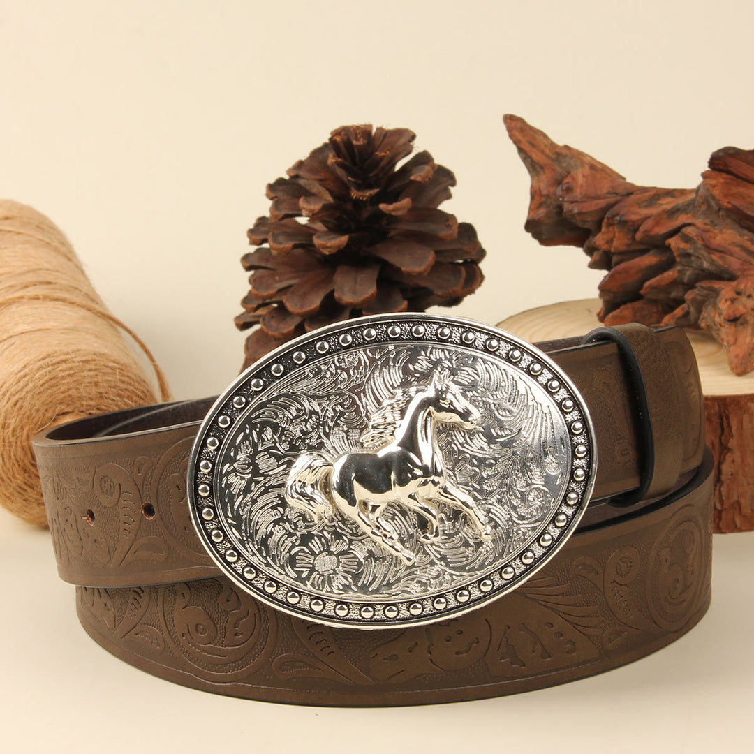 Cintura da uomo in pelle goffrata con fibbia ovale in argento Golden Horse - Cavallo d'argento + cintura marrone - 38 - image 3