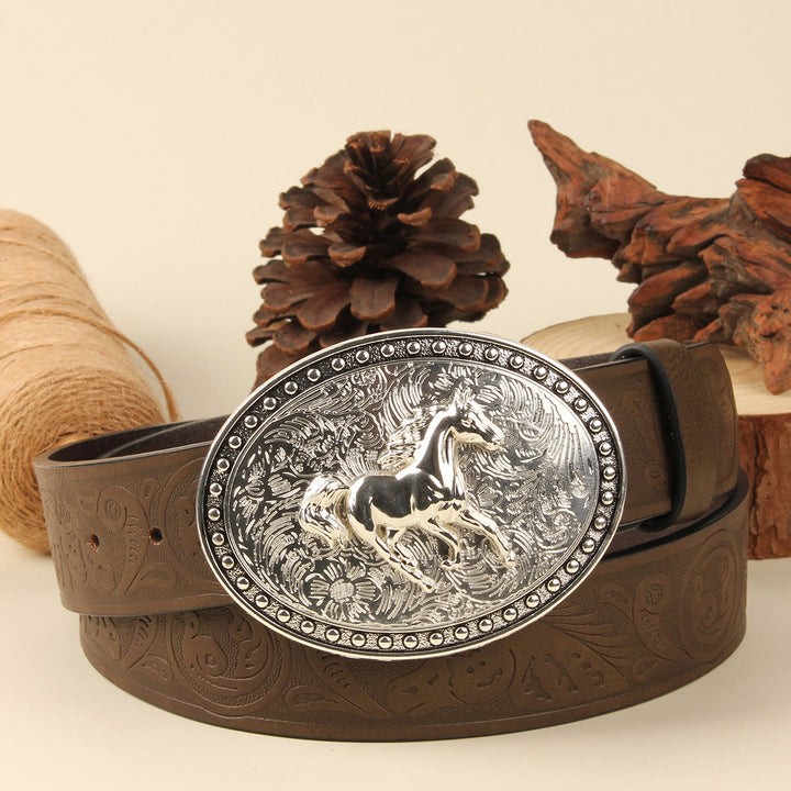 Cintura da uomo in pelle goffrata con fibbia ovale in argento Golden Horse - Cavallo d'argento + cintura marrone - 38 - image 3