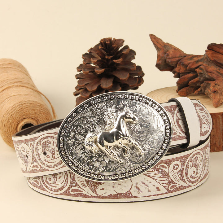Cintura da uomo in pelle goffrata con fibbia ovale in argento Golden Horse - Cavallo d'argento + cintura bianca - 38 - image 5