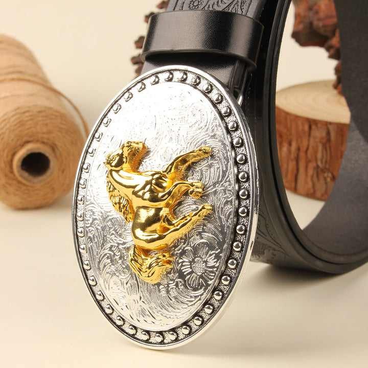 Cintura da uomo in pelle goffrata con fibbia ovale in argento Golden Horse - image 1