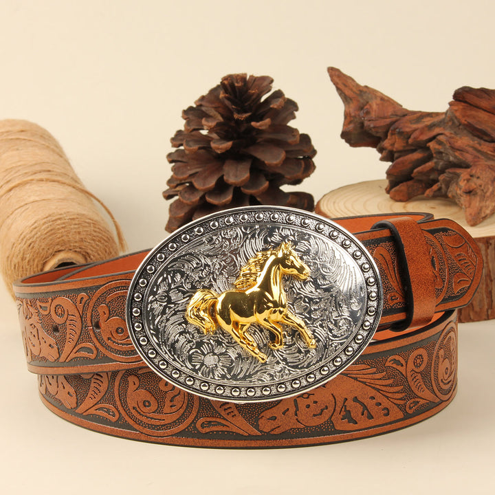 Cintura da uomo in pelle goffrata con fibbia ovale in argento Golden Horse - Cavallo d'oro + cintura marrone - 38 - image 4