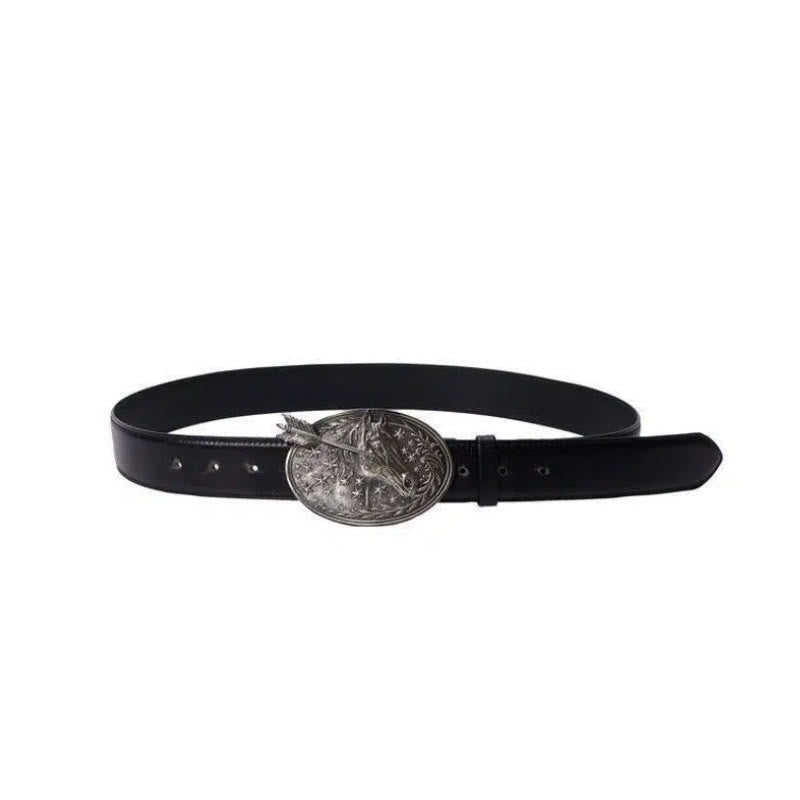 Cintura da uomo in pelle nera con fibbia a forma di stella e freccia con testa di cavallo in argento - image 2
