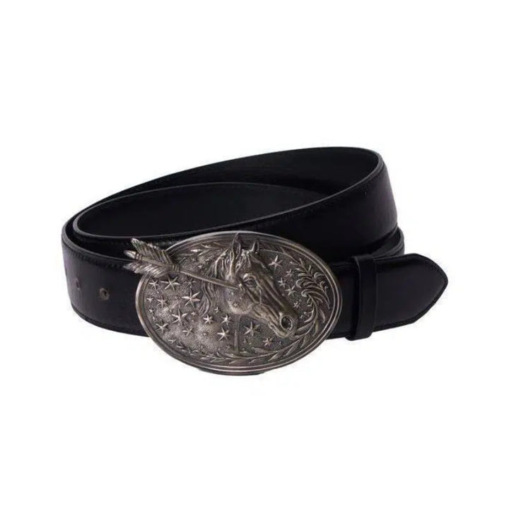 Cintura da uomo in pelle nera con fibbia a forma di stella e freccia con testa di cavallo in argento - Testa di cavallo d'argento - 34 - image 0