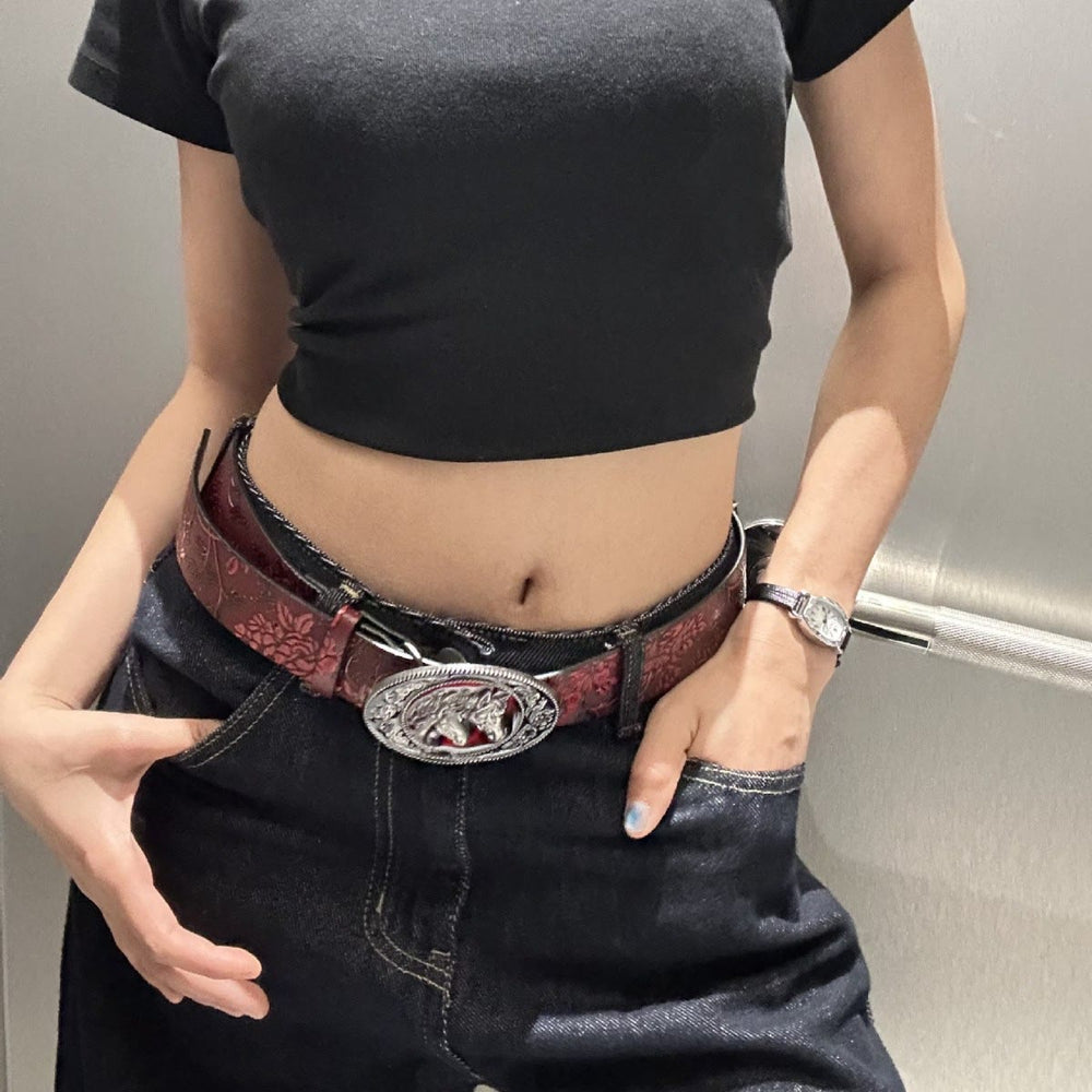 Cintura da donna con fibbia a doppia testa di cavallo, nera e rossa, motivo floreale - image 1