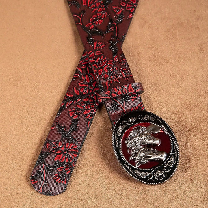 Cintura da donna con fibbia a doppia testa di cavallo, nera e rossa, motivo floreale - image 3