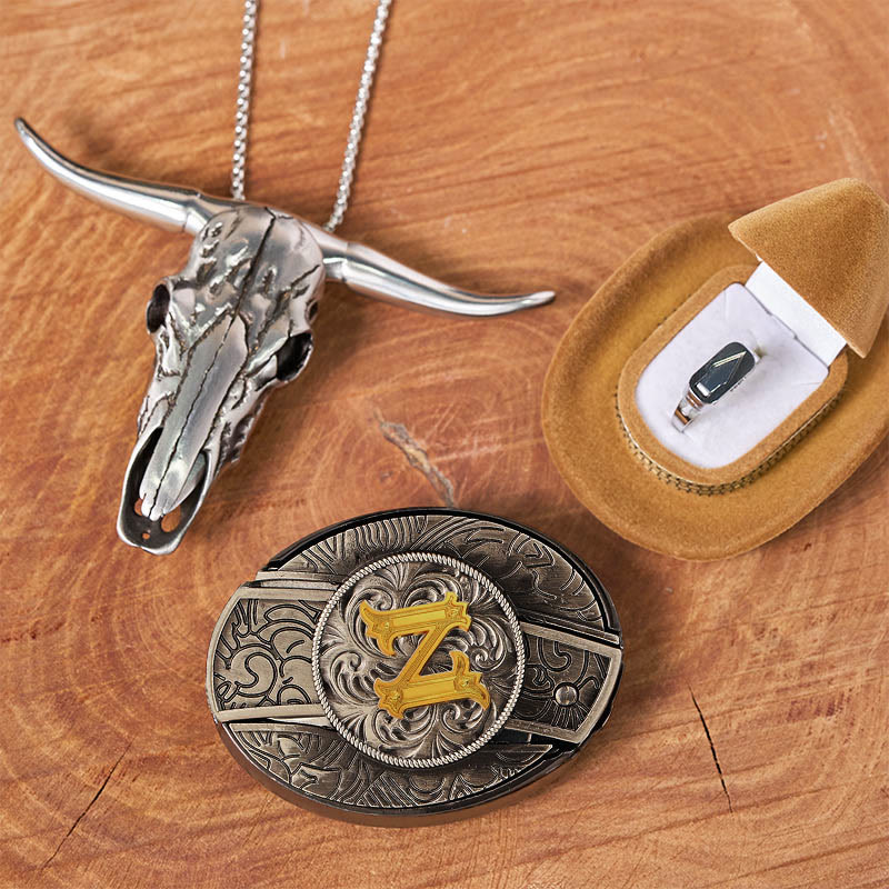 Set di anelli con ciondolo a forma di testa di toro con fibbia per cintura con coltello nascosto e lettera iniziale fai da te - Z - Senza cintura - image 31