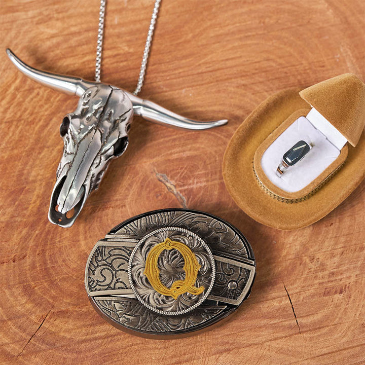 Set di anelli con ciondolo a forma di testa di toro con fibbia per cintura con coltello nascosto e lettera iniziale fai da te - Q - Senza cintura - image 22