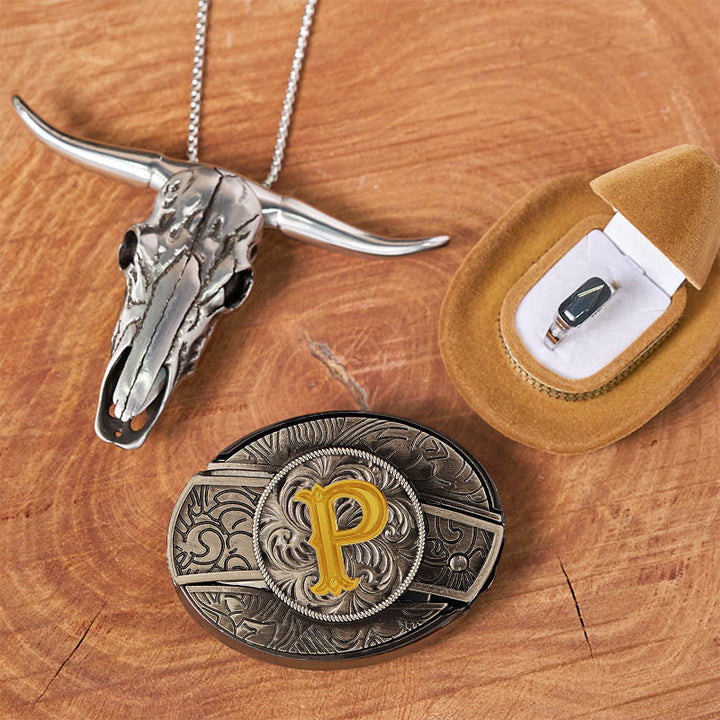 Set di anelli con ciondolo a forma di testa di toro con fibbia per cintura con coltello nascosto e lettera iniziale fai da te - P - Senza cintura - image 21