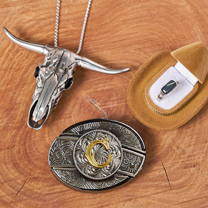 Set di anelli con ciondolo a forma di testa di toro con fibbia per cintura con coltello nascosto e lettera iniziale fai da te - C - Senza cintura - image 8