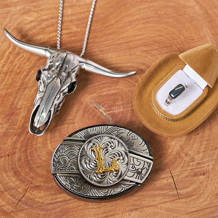 Set di anelli con ciondolo a forma di testa di toro con fibbia per cintura con coltello nascosto e lettera iniziale fai da te - L - Senza cintura - image 17