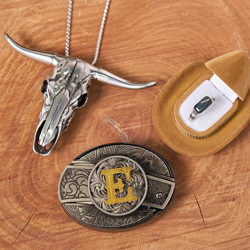Set di anelli con ciondolo a forma di testa di toro con fibbia per cintura con coltello nascosto e lettera iniziale fai da te - E - Senza cintura - image 10
