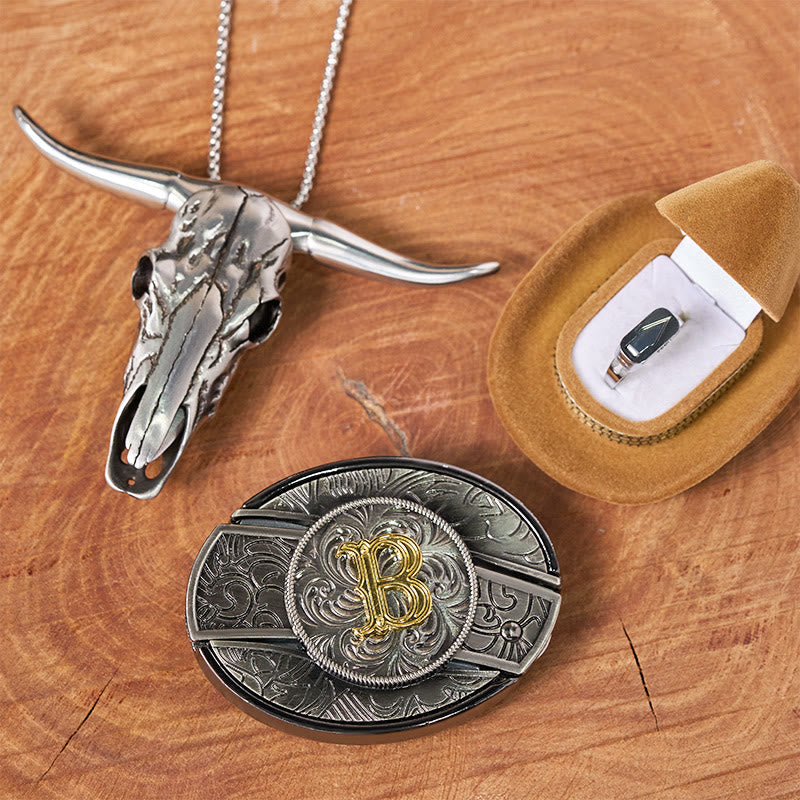 Set di anelli con ciondolo a forma di testa di toro con fibbia per cintura con coltello nascosto e lettera iniziale fai da te - B - Senza cintura - image 1