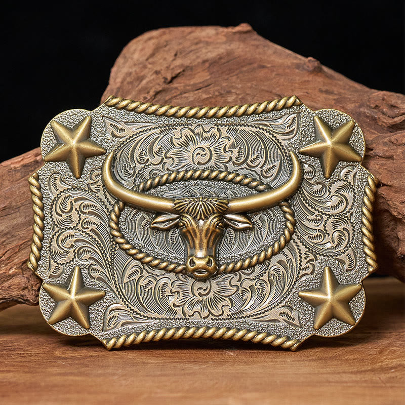 Cintura in pelle da uomo con fibbia a forma di testa di toro in rilievo e stelle - Bronzo - Senza cintura - Cintura non inclusa - image 0
