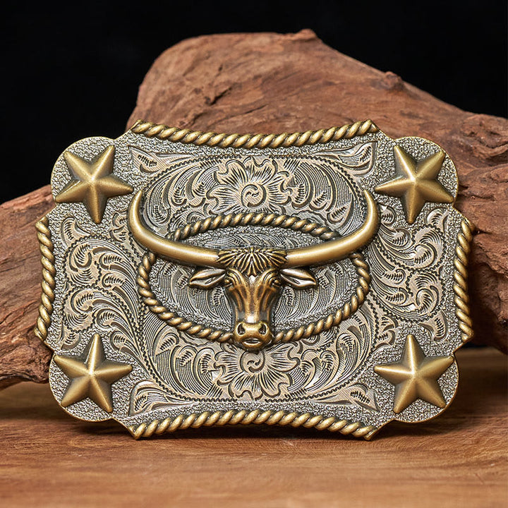 Cintura in pelle da uomo con fibbia a forma di testa di toro in rilievo e stelle - Bronzo - Senza cintura - Cintura non inclusa - image 0