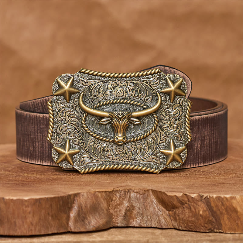 Cintura in pelle da uomo con fibbia a forma di testa di toro in rilievo e stelle - Bronzo - Cintura marrone anticata - 42 - image 10