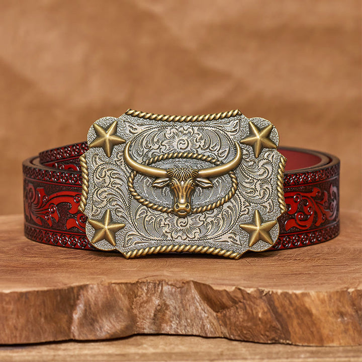 Cintura in pelle da uomo con fibbia a forma di testa di toro in rilievo e stelle - Bronzo - Cintura marrone intagliata - 42 - image 12