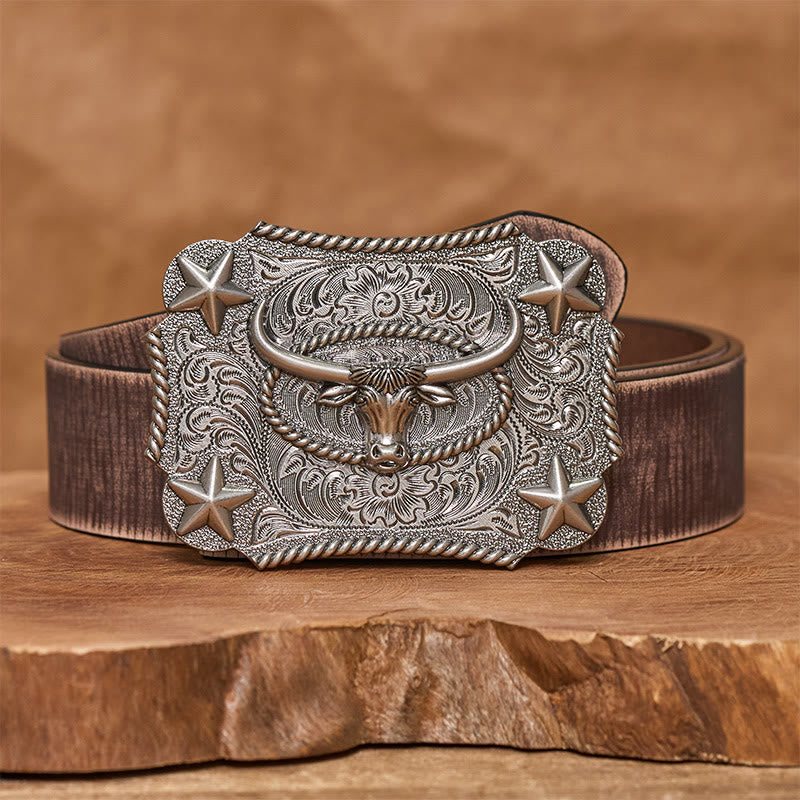 Cintura in pelle da uomo con fibbia a forma di testa di toro in rilievo e stelle - Argento - Cintura marrone anticata - 42 - image 11