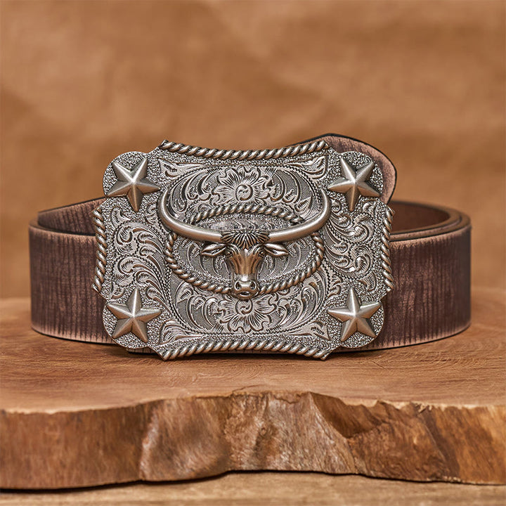 Cintura in pelle da uomo con fibbia a forma di testa di toro in rilievo e stelle - Argento - Cintura marrone anticata - 42 - image 11