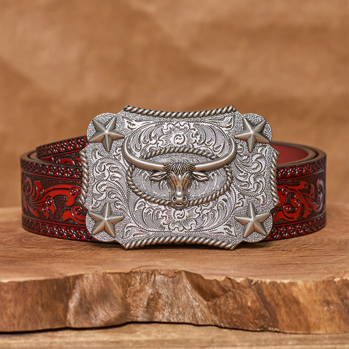 Cintura in pelle da uomo con fibbia a forma di testa di toro in rilievo e stelle - Argento - Cintura marrone intagliata - 42 - image 13