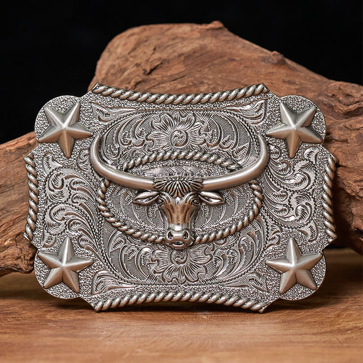 Cintura in pelle da uomo con fibbia a forma di testa di toro in rilievo e stelle - Argento - Senza cintura - Cintura non inclusa - image 2