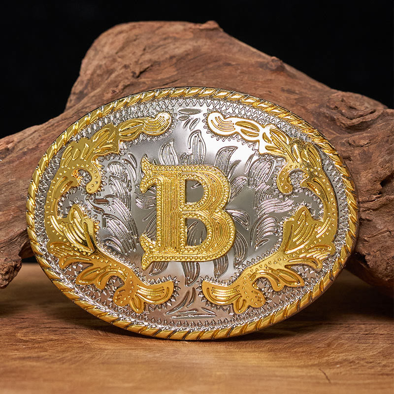 Cintura da uomo in pelle con fibbia ovale dorata intagliata a forma di lettera - B - Senza cintura - image 0