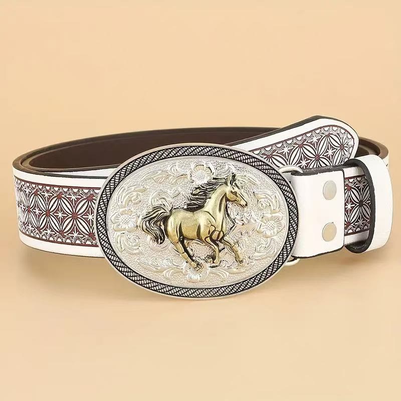 Cintura in pelle con finiture scure e fibbia intagliata a forma di cavallo in oro vintage - Argento - 42 - image 0