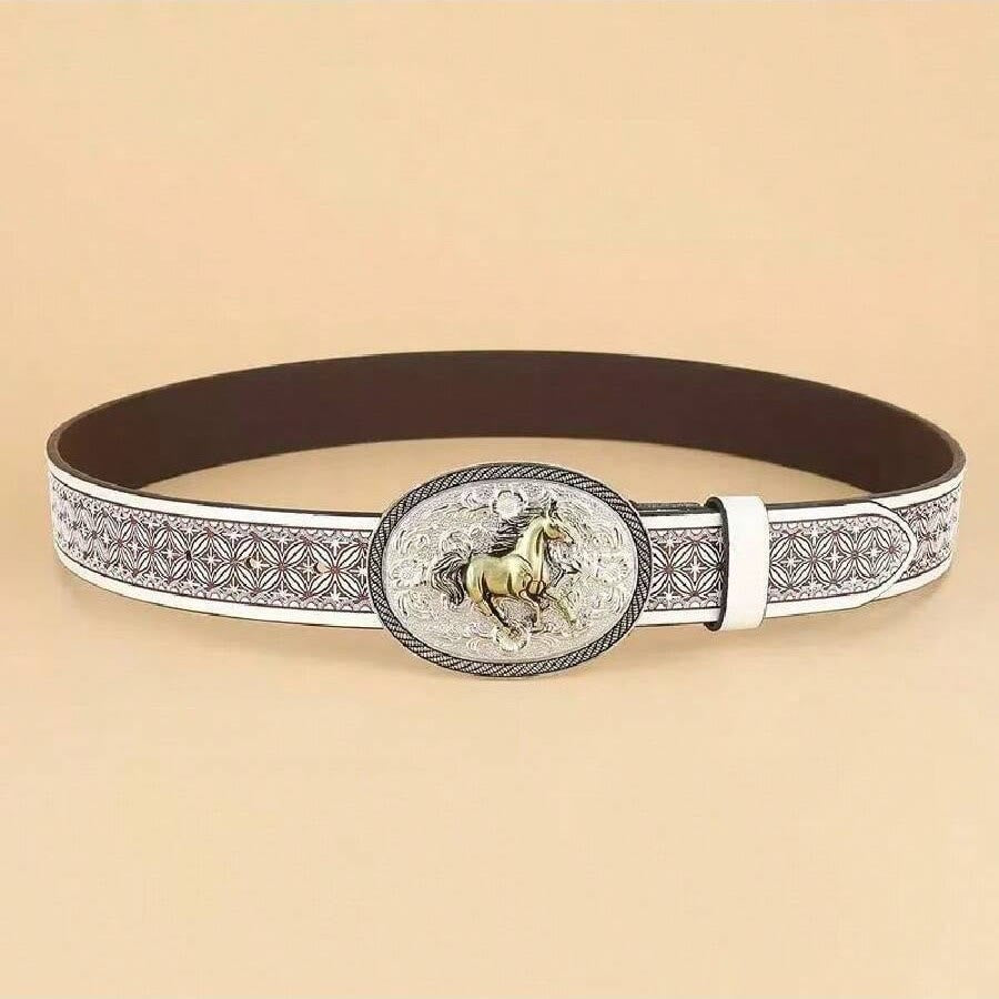 Cintura in pelle con finiture scure e fibbia intagliata a forma di cavallo in oro vintage - image 1