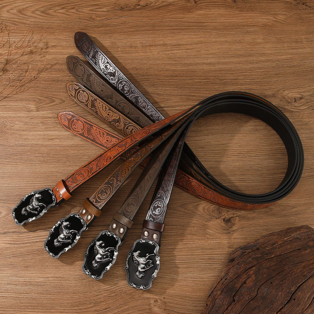 Cintura in pelle multicolore senza fori con fibbia decorata a forma di cavallo retrò - image 0