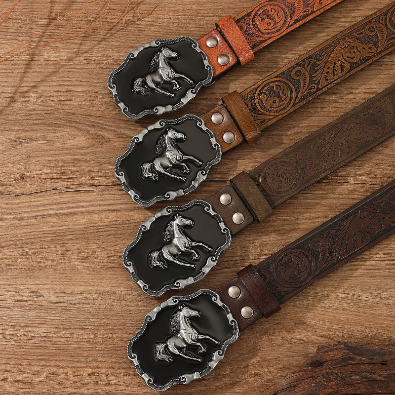 Cintura in pelle multicolore senza fori con fibbia decorata a forma di cavallo retrò - image 1