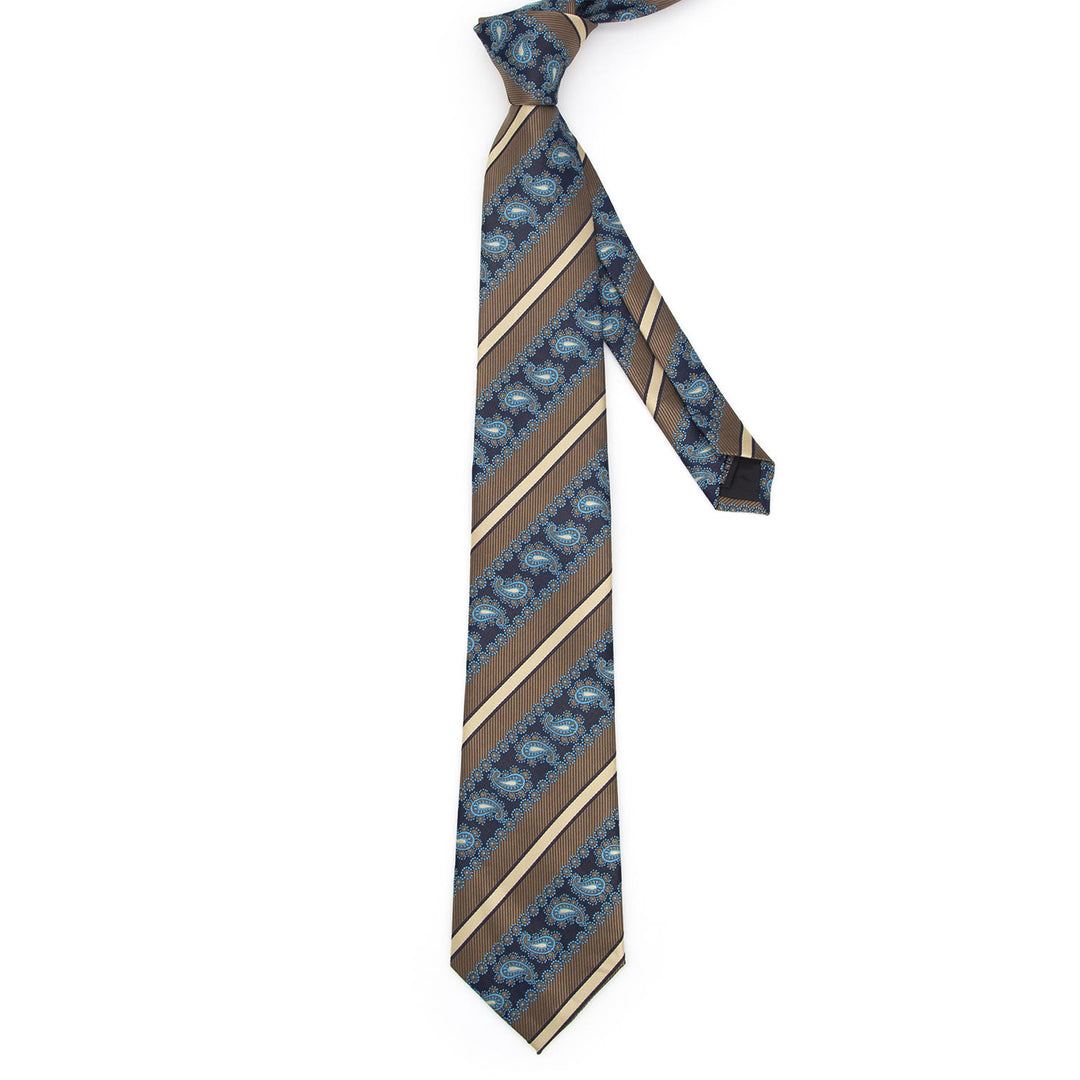 Set di 3 cravatte da uomo a righe marroni e motivo cachemire blu navy - image 2