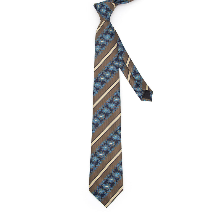 Set di 3 cravatte da uomo a righe marroni e motivo cachemire blu navy - image 2