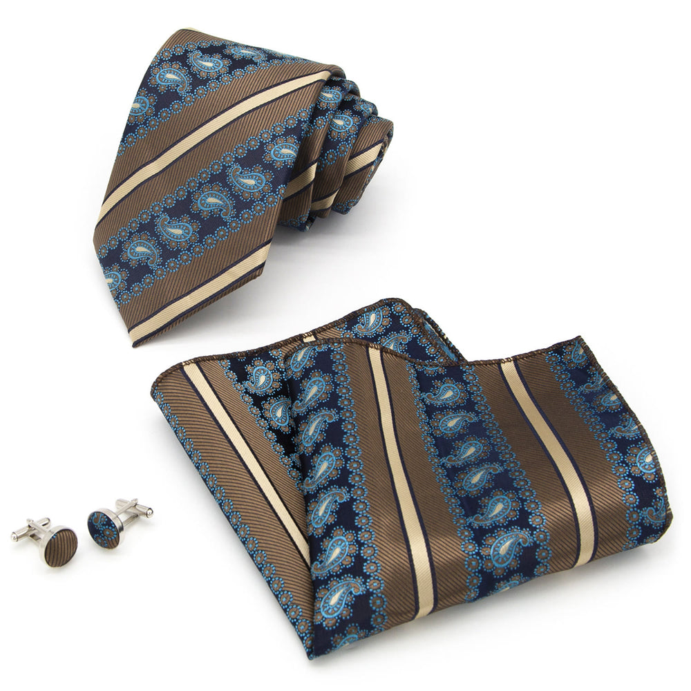 Set di 3 cravatte da uomo a righe marroni e motivo cachemire blu navy - image 1