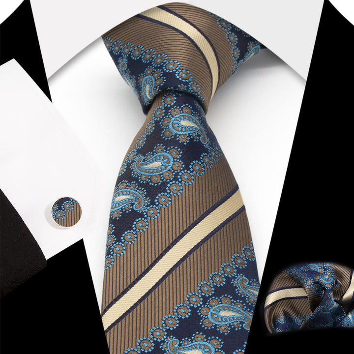 Set di 3 cravatte da uomo a righe marroni e motivo cachemire blu navy - Marrone e blu navy - image 0