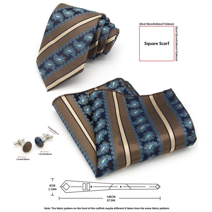 Set di 3 cravatte da uomo a righe marroni e motivo cachemire blu navy - image 6