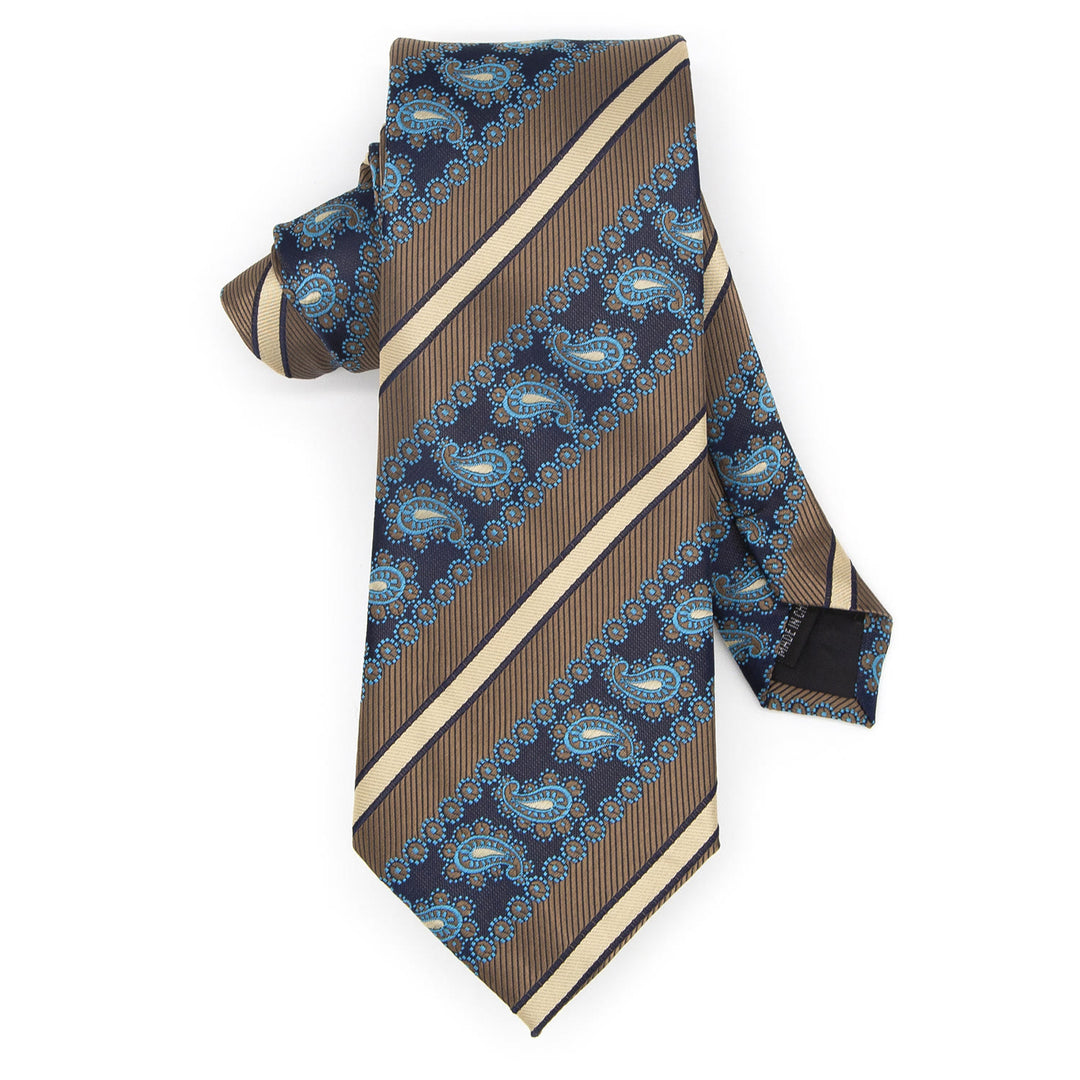 Set di 3 cravatte da uomo a righe marroni e motivo cachemire blu navy - image 3