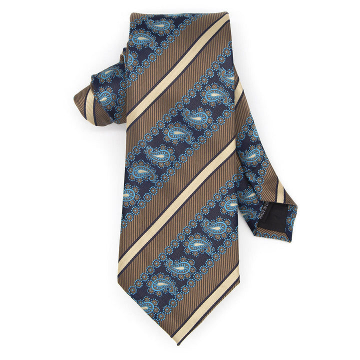 Set di 3 cravatte da uomo a righe marroni e motivo cachemire blu navy - image 3
