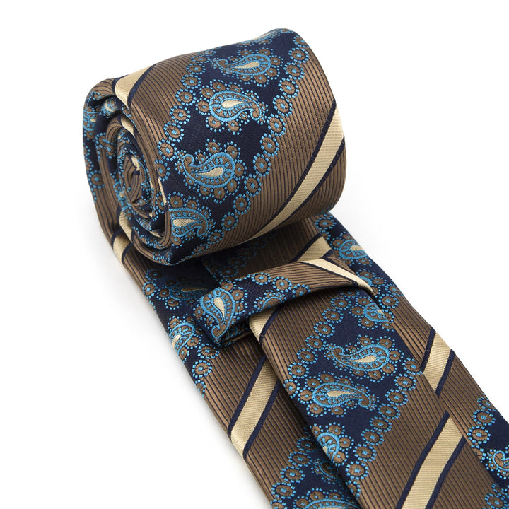 Set di 3 cravatte da uomo a righe marroni e motivo cachemire blu navy - image 4