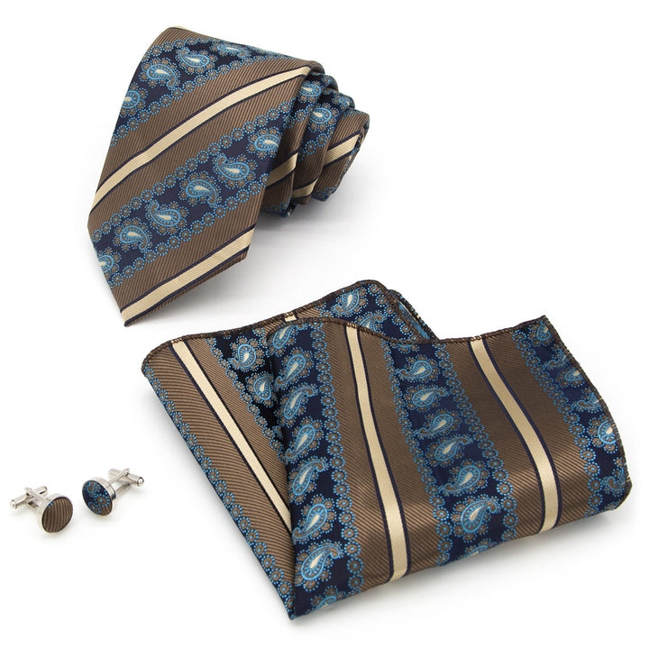 Set di 3 cravatte da uomo a righe marroni e motivo cachemire blu navy - image 1
