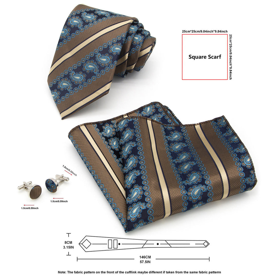 Set di 3 cravatte da uomo a righe marroni e motivo cachemire blu navy - image 6