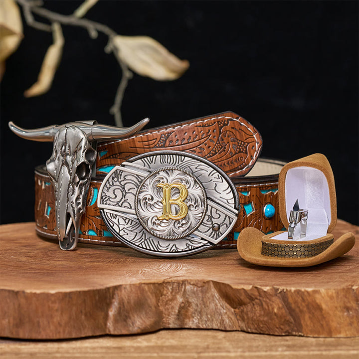 Set di anelli con ciondolo a forma di testa di toro con fibbia per cintura con coltello nascosto e lettera iniziale fai da te - B - Cintura intagliata turchese (40) - image 4