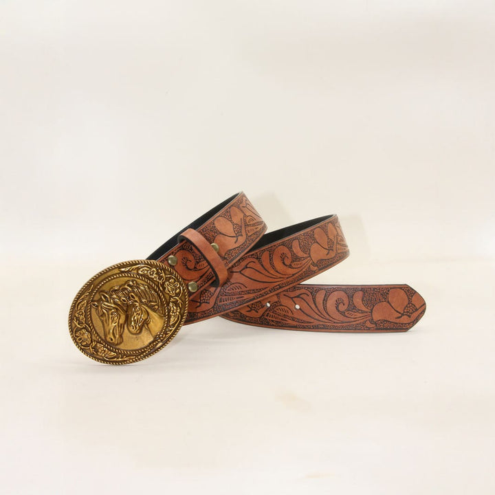 Cintura da uomo in pelle goffrata con fibbia a doppia testa di cavallo in stile western - image 3